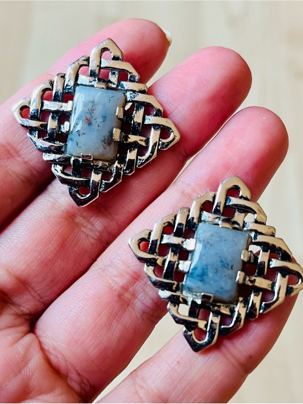Vintage Sterling Silver Celtic Knot Cufflinks Dendritic Agate Artisan